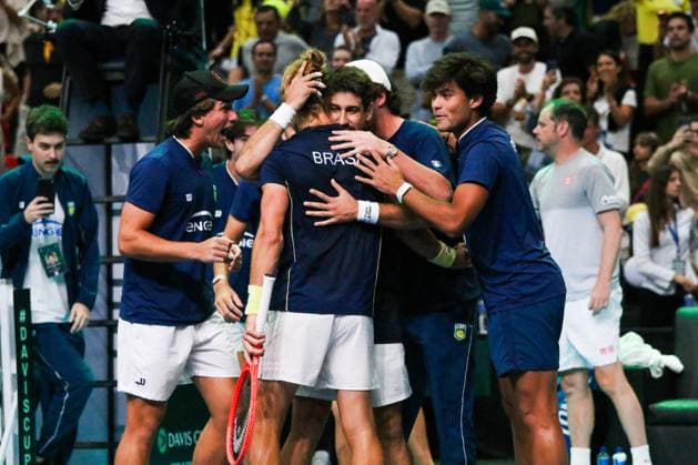 RECORD DATE NOT STATED Copa Davis - Orlando Luz and Rafael Matos (Brazil) vs. Jakub Paul and Dominic Stricker (Switzerland) Rio de Janeiro (RJ) 19 09 2026- Davis Cup Brazil Switzerland Tennis - Players and members of the Brazilian team celebrate the victory over Switzerland and qualification for the elite of the Davis Cup in 2027, this Saturday (19), at the Farmasi Arena, in Rio de Janeiro.(Foto: Lucas Simonin Gomes Thenews2 imago images) SPO  Copyright: xLucasxSimoninxGomesx