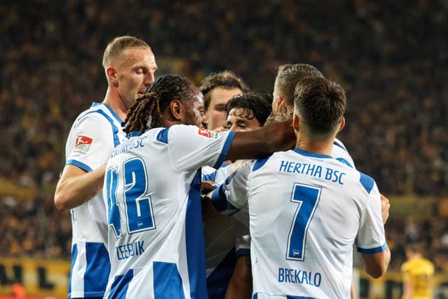 Deutschland: 2. Bundesliga 2026 2027, 7. Spieltag, Dynamo Dresden - Hertha BSC, Rudolf-Harbig-Stadion (Dresden): Tor und Jubel zum 1:2 durch Jon Dagur Thorsteinsson (Hertha BSC, 23) Copyright: xLucasxWalterx