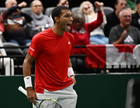 September 19, 2026, Quebec, Pq, Canada: Felix Auger-Aliassime of Canada reacts to a play while playing Arthur Rinderknech of France during the fourth match at the Davis Cup qualifier second round match at the Videotron Centre in Quebec City, Saturday, Sept. 19, 2026. Canada News - September 19, 2026  - ZUMAc35_ 20260919_zaf_c35_144 Copyright: xJacquesxBoissinotx