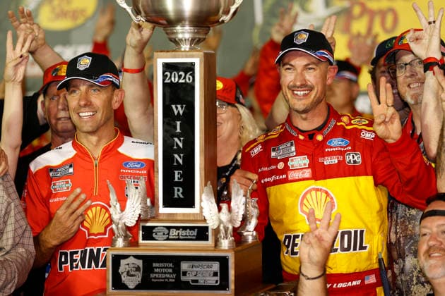BRISTOL, TN - SEPTEMBER 19: Joey Logano ( 22 Team Penske Shell-Pennzoil Ford) celebrates after winning the NASCAR, Motorsport, USA Cup Series Playoffs Bass Pro Shops Night Race on September 19, 2026 at Bristol Motor Speedway in Bristol, TN. (Photo by Jeff Robinson Icon Sportswire) AUTO: SEP 19 NASCAR Cup Series Playoffs Bass Pro Shops Night Race EDITORIAL USE ONLY Icon26091921866