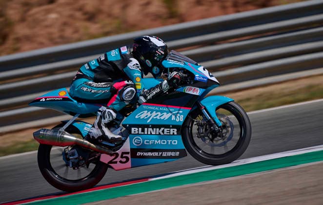 (260920) -- NAVARRA, Sept. 20, 2026 -- CFMOTO Aspar s rider Sun Shengbo of China competes during the race 1 of the ESBK Talent category at the 2026 Spanish Superbike Championship Navarra in Navarra, Spain, Sept. 19, 2026. (Photo by Xinhua) (SP)SPAIN-NAVARRA-ESBK TALENT-RACE 1 PabloxMorano 