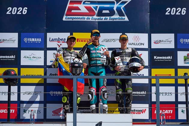 (260920) -- NAVARRA, Sept. 20, 2026 -- (L to R)Igax Team Snipers rider Diego Gonzalez, CFMOTO Aspar Sun s rider Shengbo of China and Family Racing Team s rider Fermin Valero pose at the podium after the race 1 of the ESBK Talent category at the 2026 Spanish Superbike Championship Navarra in Navarra, Spain, Sept. 19, 2026. (Photo by Xinhua) (SP)SPAIN-NAVARRA-ESBK TALENT-RACE 1 PabloxMorano 