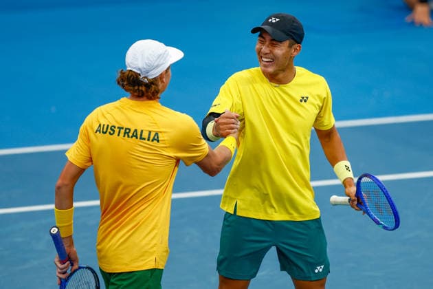 TENNIS DAVIS CUP AUSTRALIA POLAND, Max Purcell and Rinky Hijikata of Australia celebrate winning match point during a Doubles match against Jan Zielinski and Karol Drzewiecki of Poland during the Davis Cup match between Australia and Poland at Pat Rafter Arena in Brisbane, Sunday, September 20, 2026. ( NO ARCHIVING, EDITORIAL USE ONLY  Copyright: xRUSSELLxFREEMANx 20260920175768454028