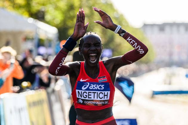 260920 Agnes Jebet Ngetich of Kenya celebrates after the Copenhagen Half Marathon in the World Athletics Road Running Championships on September 20, 2026 in Copenhagen. Photo: Mathilda Schuler BILDBYRAN kod MA MA1036 friidrott athletics friidrett world athletics road running championships copenhagen half marathon 2026 bbeng half marathon jubel Copyright: MATHILDAxSCHULER BB260920MA022