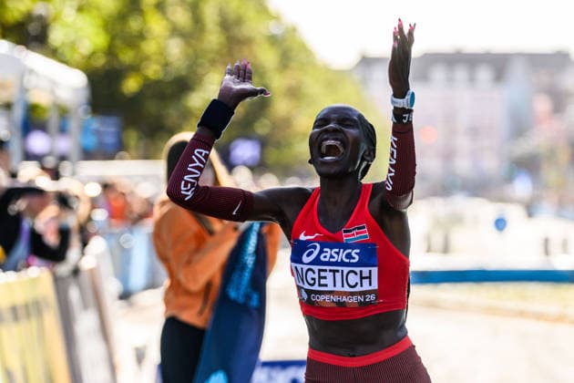 260920 Agnes Jebet Ngetich of Kenya celebrates after the Copenhagen Half Marathon in the World Athletics Road Running Championships on September 20, 2026 in Copenhagen. Photo: Mathilda Schuler BILDBYRAN kod MA MA1036 friidrott athletics friidrett world athletics road running championships copenhagen half marathon 2026 bbeng half marathon jubel Copyright: MATHILDAxSCHULER BB260920MA023