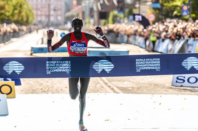 260920 Agnes Jebet Ngetich of Kenya celebrates after the Copenhagen Half Marathon in the World Athletics Road Running Championships on September 20, 2026 in Copenhagen. Photo: Mathilda Schuler BILDBYRAN kod MA MA1036 friidrott athletics friidrett world athletics road running championships copenhagen half marathon 2026 bbeng half marathon jubel Copyright: MATHILDAxSCHULER BB260920MA024