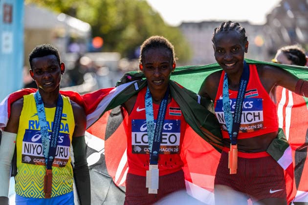 260920 Florence Niyonkuru of Rwanda, Veronica Loleo of Kenya and Agnes Jebet Ngetich of Kenya celebrate after the Copenhagen Half Marathon in the World Athletics Road Running Championships on September 20, 2026 in Copenhagen. Photo: Mathilda Schuler BILDBYRAN kod MA MA1036 friidrott athletics friidrett world athletics road running championships copenhagen half marathon 2026 bbeng half marathon jubel Copyright: MATHILDAxSCHULER BB260920MA029
