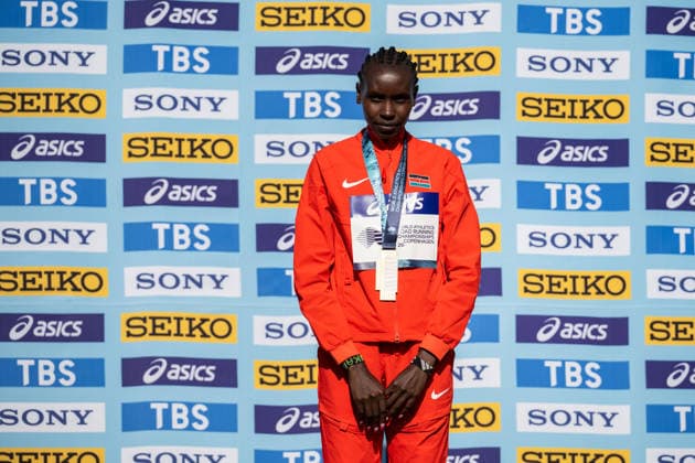 260920 Agnes Jebet Ngetich of Kenya on the podium after the Copenhagen Half Marathon in the World Athletics Road Running Championships on September 20, 2026 in Copenhagen. Photo: Mathilda Schuler BILDBYRAN kod MA MA1036 friidrott athletics friidrett world athletics road running championships copenhagen half marathon 2026 bbeng half marathon Copyright: MATHILDAxSCHULER BB260920MA068