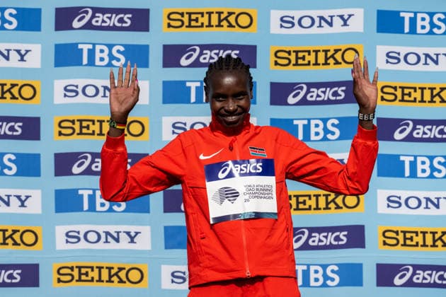260920 Agnes Jebet Ngetich of Kenya celebrates on the podium after the Copenhagen Half Marathon in the World Athletics Road Running Championships on September 20, 2026 in Copenhagen. Photo: Mathilda Schuler BILDBYRAN kod MA MA1036 friidrott athletics friidrett world athletics road running championships copenhagen half marathon 2026 bbeng half marathon jubel Copyright: MATHILDAxSCHULER BB260920MA069