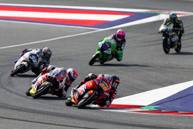 MOTORSPORTS - MotoGP, GP of Austria 2026 SPIELBERG,AUSTRIA,20.SEP.26 - MOTORSPORTS - Moto3, Grand Prix of Austria, Red Bull Ring. Image shows Zen Mitani (JPN Honda Team Asia), Leo Rammerstorfer (AUT SIC58 Squadra Corse) and Zen Mitani (JPN Honda Team Asia), Leo Rammerstorfer (AUT SIC58 Squadra Corse) and Marcos Uriarte (ESP Liqui Moly Dynavolt Intact GP).  GEPAxpictures xMaticxKlansek