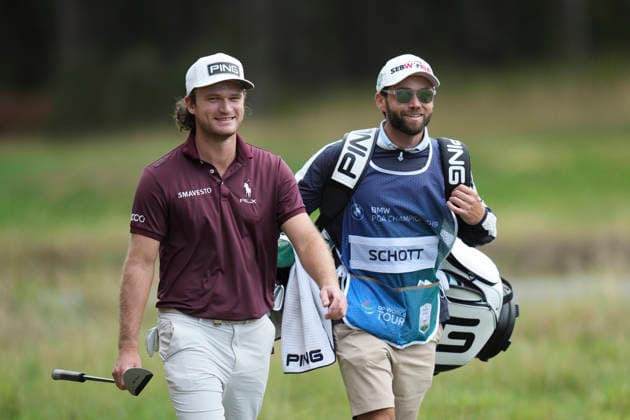 VIRGINIA WATER, ENGLAND - SEPTEMBER 20: Freddy Schott (GER) and his caddie Takashi Ohagenwalk up the 5th hole during Round 4 at the BMW PGA, Golf Herren Championship at Wentworth Golf Club, Virginia Water on September 20, 2026 in Surrey, England The BMW PGA Championship