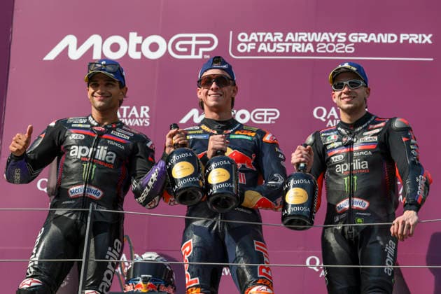 Sport Bilder des Tages MOTORSPORTS - MotoGP, GP of Austria 2026 SPIELBERG,AUSTRIA,20.SEP.26 - MOTORSPORTS - MotoGP, Grand Prix of Austria, Red Bull Ring, award ceremony. Image shows Jorge Martin (ESP Aprilia Racing), Pedro Acosta (ESP Red Bull KTM Factory Racing) and Marco Bezzecchi (ITA Aprilia Racing).  GEPAxpictures xMatthiasxTrinkl