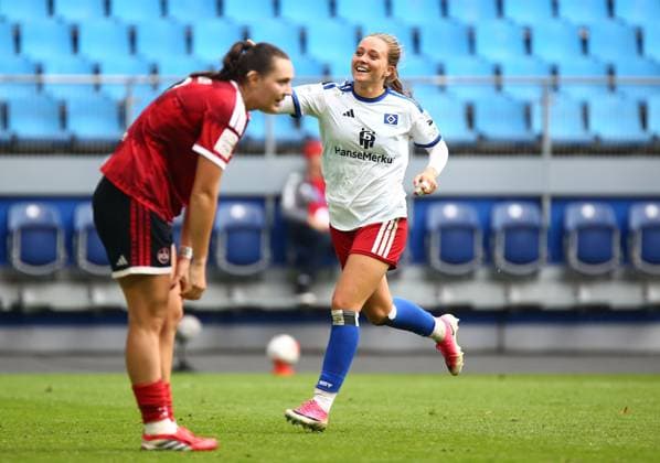 20.09.2026, xcex, GER, Hamburg, Volksparkstadion, Frauenfussball, 1. Bundesliga, DIE LIGA, Google Pixel Frauen-Bundesliga Saison 2026 2027, Spieltag 5, HSV, FCN, Hamburger SV - 1. FC Nuernberg, Torjubel Camilla Linberg (HSV), Jubel, Freude, Emotionen, goal celebration DFL regulations prohibit any use of photographs as image sequences and or quasi-video
