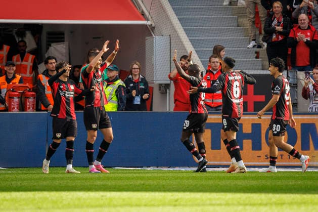 LEVERKUSEN, GERMANY - SEPTEMBER 20, 2026: Patrik Schick (Bayer 04 Leverkusen, 14) celebrates his goal—making it 1–0 together with his teammates during the German Bundesliga match on gameday 4 between Bayer 04 Leverkusen vs. RB Leipzig at BayArena on September 20, 2026 in Leverkusen, Germany. DFL REGULATIONS PROHIBIT ANY USE OF PHOTOGRAPHS AS IMAGE SEQUENCES AND OR QUASI-VIDEO. Northrhine-Westphalia Germany Copyright: xAxelxKohringx