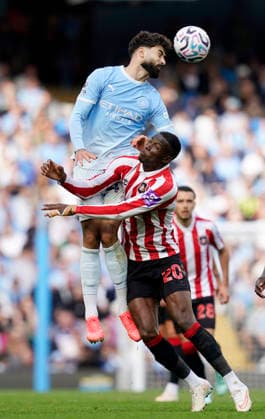 Manchester, England, 20th September 2026. Josko Gvardiol of Manchester City and Nordi Mukiele of Sunderland during the Manchester City vs Sunderland Premier League match at the Etihad Stadium, Manchester. Picture credit should read: Andrew Yates Sportimage EDITORIAL USE ONLY. No use with unauthorised audio, video, data, fixture lists, club league logos or live services. Online in-match use limited to 120 images, no video emulation. No use in betting, games or single club league player publications. SPI_057_AY_ManCity_Sunderland SPI-5012-0056