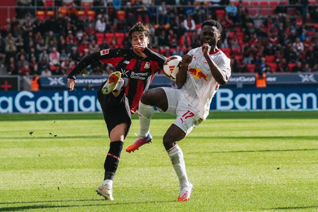 20.09.2026, xjmrgnx, Fussball 1.Bundesliga, Bayer 04 Leverkusen - RB Leipzig v.l. Zweikampf zwischen Afonso Moreira (9, Leverkusen) und Ridle Baku (17, Leipzig) (DFL DFB REGULATIONS PROHIBIT ANY USE OF PHOTOGRAPHS as IMAGE SEQUENCES and or QUASI-VIDEO) Leverkusen