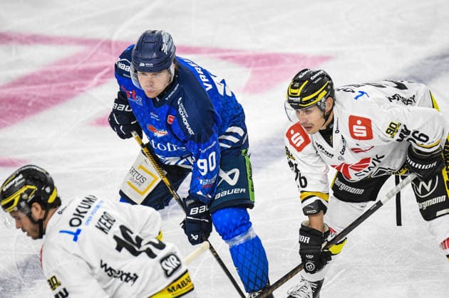 Straubing Tigers vs. Krefeld Pinguine, Eishockey, Deutsche Eishockey Liga, Penny DEL, 1.Spieltag, Saison 2026 2027, 23.09.2026 Filip Varejcka (Straubing Tigers) beim Bully DAniel Bruch (Krefeld Pinguine), Eishockey Herren, Deutsche Eishockey Liga, Penny DEL, 1.Spieltag, Saison 2026 2027 am 20.09.2026 im Eisstadion am Pulverturm, Straubing Tigers (blau) gegen Krefeld Pinguine (weiss)