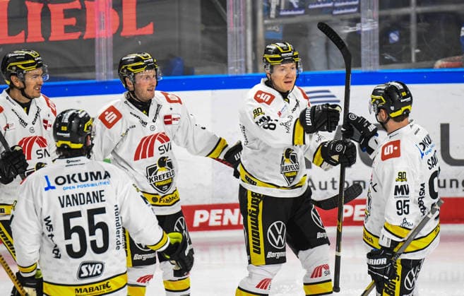 Straubing Tigers vs. Krefeld Pinguine, Eishockey, Deutsche Eishockey Liga, Penny DEL, 1.Spieltag, Saison 2026 2027, 23.09.2026 Philip Gogulla, Mathew Santos, Davis Vandane und Max Newton (Krefeld Pinguine) jubeln, Eishockey Herren, Deutsche Eishockey Liga, Penny DEL, 1.Spieltag, Saison 2026 2027 am 20.09.2026 im Eisstadion am Pulverturm, Straubing Tigers (blau) gegen Krefeld Pinguine (weiss)