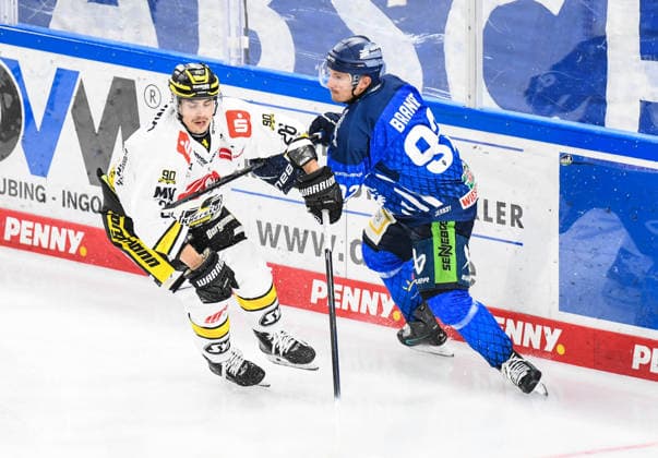 Straubing Tigers vs. Krefeld Pinguine, Eishockey, Deutsche Eishockey Liga, Penny DEL, 1.Spieltag, Saison 2026 2027, 23.09.2026 Marcel Brandt (Straubing Tigers) im Duell mit Daniel Busch (Krefeld Pinguine), Eishockey Herren, Deutsche Eishockey Liga, Penny DEL, 1.Spieltag, Saison 2026 2027 am 20.09.2026 im Eisstadion am Pulverturm, Straubing Tigers (blau) gegen Krefeld Pinguine (weiss)