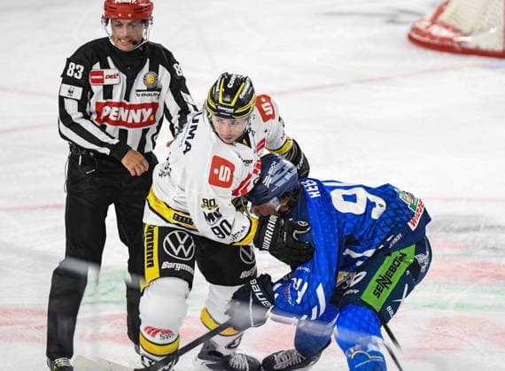 Straubing Tigers vs. Krefeld Pinguine, Eishockey, Deutsche Eishockey Liga, Penny DEL, 1.Spieltag, Saison 2026 2027, 23.09.2026 Jamieson Rees (Straubing Tigers) mit Adam Payerl (Krefeld Pinguine), Eishockey Herren, Deutsche Eishockey Liga, Penny DEL, 1.Spieltag, Saison 2026 2027 am 20.09.2026 im Eisstadion am Pulverturm, Straubing Tigers (blau) gegen Krefeld Pinguine (weiss)