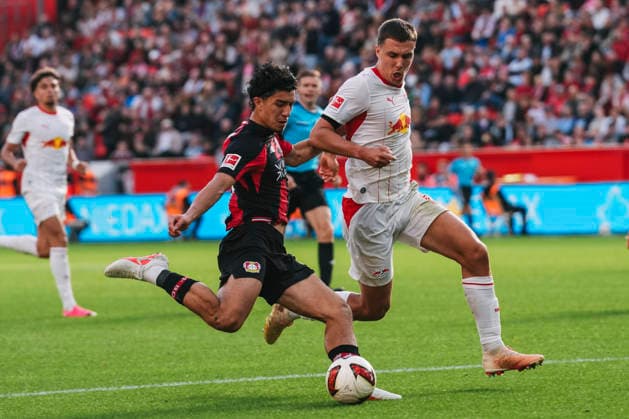 20.09.2026, xjmrgnx, Fussball 1.Bundesliga, Bayer 04 Leverkusen - RB Leipzig v.l. Zweikampf zwischen Ibrahim Maza (30, Leverkusen) und Maxime Esteve (3, Leipzig) (DFL DFB REGULATIONS PROHIBIT ANY USE OF PHOTOGRAPHS as IMAGE SEQUENCES and or QUASI-VIDEO) Leverkusen
