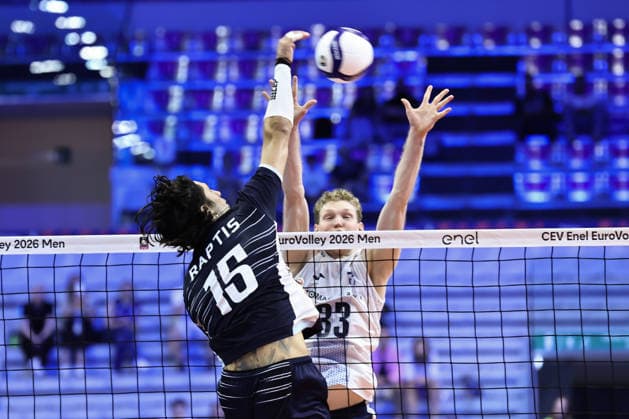IPA88765288 - Attack by 15 Alexandros Raptis (Greece) during the Round of 16 of the CEV Enel EuroVolley 2026 match between Finland and Greece at PalaVela, Turin, Italy, on September 20, 2026, during the Finland vs. Greece, CEV EuroVolley Men’s match in Turin, Italy, September 20, 2026  Copyright: xValerioxOrigo IPAxSportx xx IPA88765288