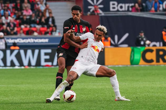 20.09.2026, xjmrgnx, Fussball 1.Bundesliga, Bayer 04 Leverkusen - RB Leipzig v.l. Zweikampf zwischen Jarell Quansah (4, Leverkusen) und Antonio Nusa (7, Leipzig) (DFL DFB REGULATIONS PROHIBIT ANY USE OF PHOTOGRAPHS as IMAGE SEQUENCES and or QUASI-VIDEO) Leverkusen