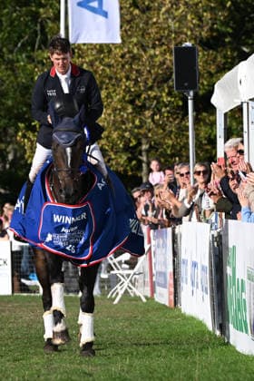 RECORD DATE NOT STATED 20th September 2026; Blenheim Palace, Woodstock, Oxfordshire, England; Blenheim Palace International Horse Trials Final Day; The Fieldmaster ridden by Tom McEwen of Great Britain in a lap of honour after they won the Blenheim Palace International Horse Trials 4* Long competition SimonxWest