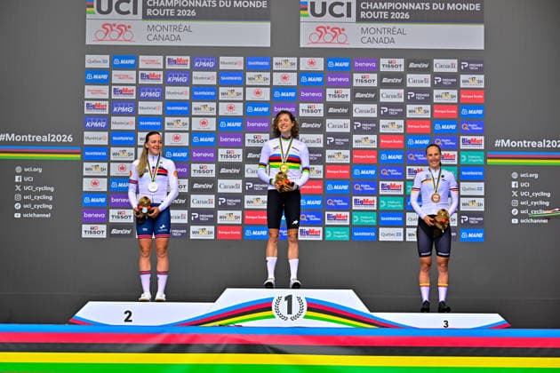 Siegererung Einzelzeitfahren Frauen 2026 Road cycling, Rad, Radsport, Strasse World Championships Montreal Reusser Marlen Switzerland, Bäckstedt Zoe Great Britain, Koch Franziska Germany Siegererung Einzelzeitfahren Frauen 2026 Road Cycling World Championships Montreal Straßenradsport-Weltmeisterschaften
