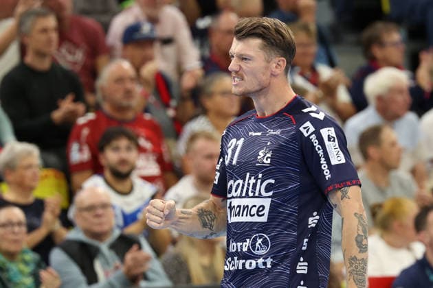 05.09.2026, xBHAx, Handball, Opel HBL, Saison 2026 2027, 1.HBL, SG Flensburg-Handewitt - Handball Club Hamburg, GGW Arena: Emil Jacobsen (SG Flensburg-Handewitt 31) beim Jubel über ein 7 Meter Tor Schleswig-Holstein Deutschkand