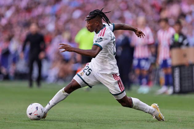 Yan Diomande (Real Madrid CF) controls the ball during the LaLiga EA Sports match between Club AtlÃ tico de Madrid and Real Madrid CF at Riyadh Air Metropolitano on September 20, 2026 in Madrid, Spain. (Photo by Manu Reino DeFodi Images) -