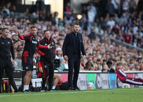 20th September 2026; Craven Cottage, London, England; Premier League Football, Fulham versus Manchester United, ManU Manchester Untied Manager Michael Carrick observing his players from the touchline JohnxPatrickxFletcher