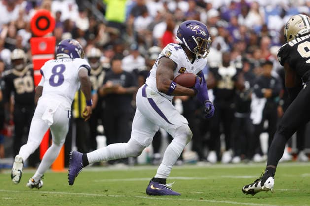 Baltimore Ravens running back Derrick Henry (22) runs the football during an NFL, American Football Herren, USA game against the New Orleans Saints. Sep 20, 2026; Baltimore, MD, USA; at M&T Bank Stadium. Mandatory Credit: -Cal Media Baltimore USA - ZUMAc04_ 20260920_zma_c04_026 Copyright: xMikexBuscherx
