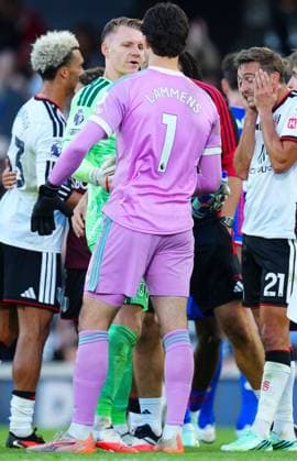 Fulham goalkeeper Bernd Leno and Manchester United, ManU goalkeeper Senne Lammens talk at full time Fulham v Manchester United, Premier League, Football, Craven Cottage, London, UK - 20 Sep 2026London Craven Cottage United Kingdom EDITORIAL USE ONLY No use with unauthorised audio, video, data, fixture lists, club league logos or live services. Online in-match use limited to 120 images, no video emulation. No use in betting, games or single club league player publications.  Copyright: xJavierxGarcia Shutterstockx 17160117ay