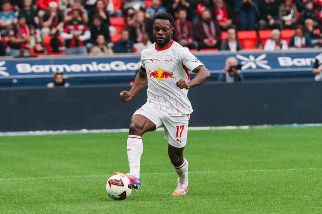 20.09.2026, xjmrgnx, Fussball 1.Bundesliga, Bayer 04 Leverkusen - RB Leipzig v.l. Ridle Baku (17, Leipzig) mit Ball am Fuß (DFL DFB REGULATIONS PROHIBIT ANY USE OF PHOTOGRAPHS as IMAGE SEQUENCES and or QUASI-VIDEO) Leverkusen