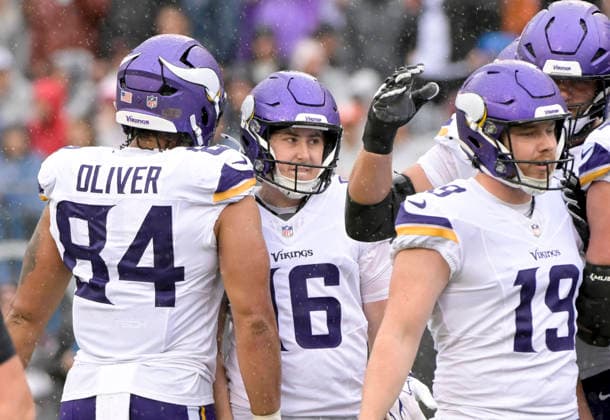 Minnesota Vikings place kicker Will Reichard (16) celebrates his second quarter field goal against the Chicago Bears during a game at Soldier Field in Chicago on Sunday, September 20, 2026.  CHI20260920110 MARKxBLACK