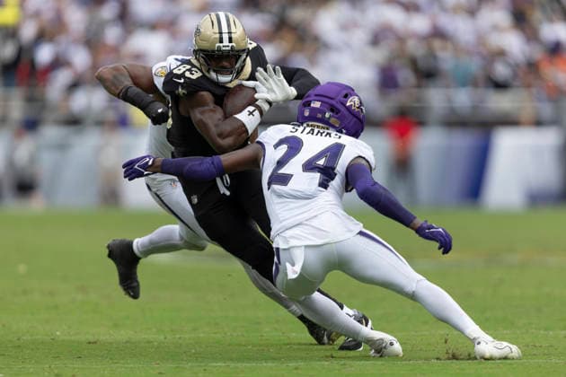 BALTIMORE, MD - SEPTEMBER 20: New Orleans Saints tight end Juwan Johnson (83) makes a move up field after catching a pass during a NFL, American Football Herren, USA football game between New Orleans Saints and Baltimore Ravens September 20, 2026 at M&T Bank Stadium in Baltimore, MD (Photo by Charles Brock Icon Sportswire) NFL: SEP 20 Saints at Ravens EDITORIAL USE ONLY Icon260920021