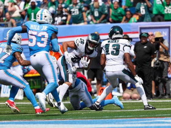 Sep 20, 2026; Nashville, TN, USA; Philadelphia Eagles running back Will Shipley (28) is tackled by Tennessee Titans cornerback Marcus Harris (26) during the NFL, American Football Herren, USA regular season game between the Philadelphia Eagles and Tennessee Titans at Nissan Stadium. Mandatory Credit: -Cal Media Nashville USA - ZUMAc04_ 20260920_zma_c04_070 Copyright: xStephenxFurstx