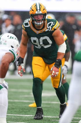 EAST RUTHERFORD, NJ - SEPTEMBER 20: Lukas van Ness 90 of the Green Bay Packers defends during the second quarter of the game against the New York Jets on September 20, 2026 at MetLife Stadium in East Rutherford, New Jersey. (Photo by Rich Graessle Icon Sportswire) NFL, American Football Herren, USA SEP 20 Packers at Jets EDITORIAL USE ONLY Icon26202632100