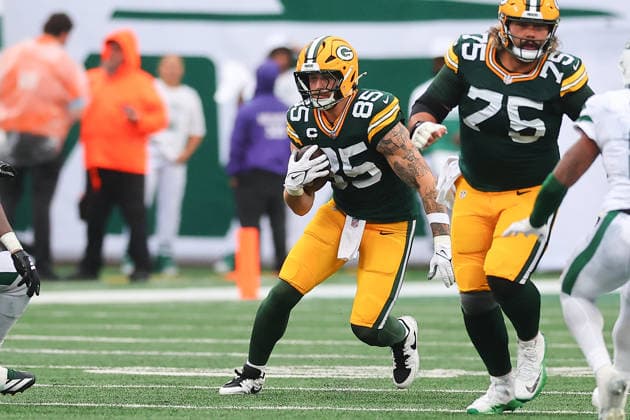 EAST RUTHERFORD, NJ - SEPTEMBER 20: Tucker Kraft 85 of the Green Bay Packers during the second quarter of the game against the New York Jets on September 20, 2026 at MetLife Stadium in East Rutherford, New Jersey. (Photo by Rich Graessle Icon Sportswire) NFL, American Football Herren, USA SEP 20 Packers at Jets EDITORIAL USE ONLY Icon26202632106