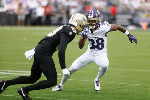 Baltimore Ravens cornerback Keyon Martin (38) during an NFL, American Football Herren, USA game against the New Orleans Saints. Sep 20, 2026; Baltimore, MD, USA; at M&T Bank Stadium. New Orleans won 24-17. Mandatory Credit: -Cal Media Baltimore USA - ZUMAc04_ 20260920_zma_c04_128 Copyright: xMikexBuscherx