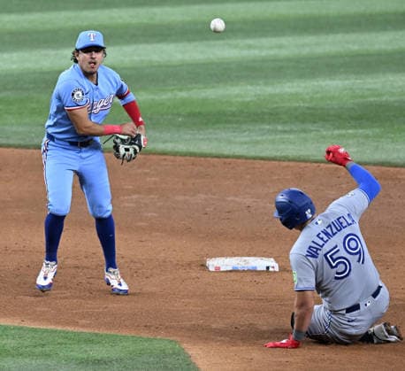 Texas Rangers Nicky Lopez turns a doubleplay on the Toronto Blue Jays during sixth the inning at Globe Life Field on Sunday, September 20, 2026, in Arlington, TX. The Blue Jays defeated the Rangers 7-2.  ARL2026092016 IANxHALPERIN