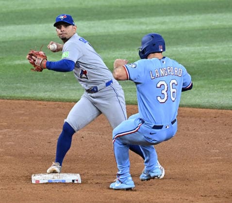 Toronto Blue Jays short stop Andres Gimenez looks towards first base after getting the out on Texas Rangers Wyatt Langford during the fifth inning at Globe Life Field on Sunday, September 20, 2026, in Arlington, TX. The Blue Jays defeated the Rangers 7-2.  ARL2026092013 IANxHALPERIN