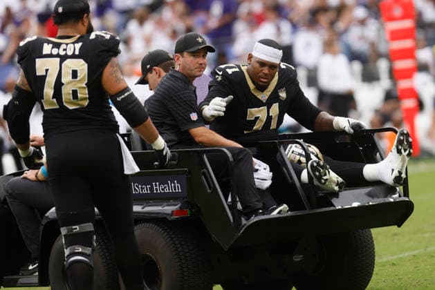 New Orleans Saints offensive tackle Kelvin Banks Jr. (71) is carted off the field during an NFL, American Football Herren, USA game against the Baltimore Ravens. Sep 20, 2026; Baltimore, MD, USA; at M&T Bank Stadium. New Orleans won 24-17. Mandatory Credit: -Cal Media NFL 2026: Saints Vs Ravens SEP 20  - ZUMAc04_ 20260920_zma_c04_216 Copyright: xMikexBuscherx