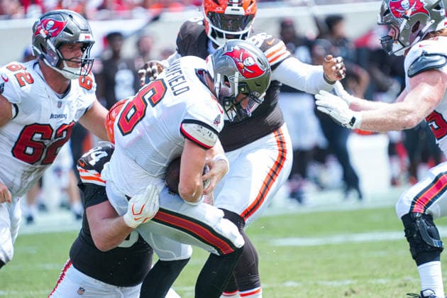 Cleveland Browns at Tampa Bay Buccaneers, Tampa Bay, Florida, USA Tampa Bay, Florida, USA, Septemer 20, Tampa Bay Buccaneers quarterback Baker Mayfield 6 gets tackled at Raymond James Stadium. Copyright: xMartyxJean-Louisx