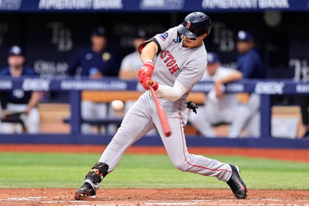 September 20, 2026, St. Petersburg, Florida, USA: Boston Red Sox center fielder Jarren Duran (16) flies out to Tampa Bay Rays left fielder Chandler Simpson (14) during an MLB, Baseball Herren, USA game on September 20, 2026 at Tropicana Field. The Rays beat the Red Sox 5-1. MLB 2026: Tampa Bay Rays 5 : 1 Boston Red Sox  - ZUMAh180 20260920_zsp_h180_024 Copyright: xKimxHukarix