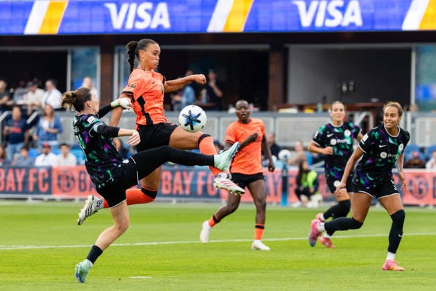 SAN JOSE, CA - SEPTEMBER 20: Arin Wright 3 of Racing Louisville FC and Karlie Lema 5 of Bay FC attempt to kick the ball during a NWSL match on September 20, 2026 at PayPal Park in San Jose, CA. (Photo by Matthew Huang Icon Sportswire) SOCCER: SEP 20 NWSL Bay FC vs Racing Louisville EDITORIAL USE ONLY Icon260920011