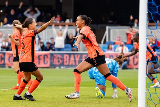 SAN JOSE, CA - SEPTEMBER 20: Karlie Lema 5 of Bay FC celebrates a goal with Sydney Collins 16 in the second half of a NWSL match against Racing Louisville FC on September 20, 2026 at PayPal Park in San Jose, CA. (Photo by Matthew Huang Icon Sportswire) SOCCER: SEP 20 NWSL Bay FC vs Racing Louisville EDITORIAL USE ONLY Icon260920014