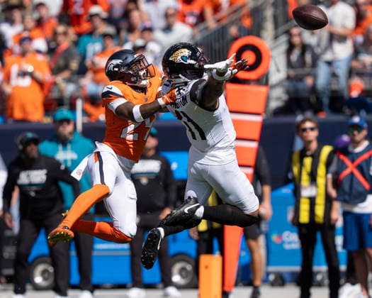 Sep 20, 2026; Denver Broncos cornerback Ja quan McMillian (29) breaks up a pass intended for Jacksonville Jaguars wide receiver Parker Washington (11) during the game between the Denver Broncos and Jacksonville Jaguars in Denver, CO, USA; at Empower Field at Mile High. Mandatory Credit: -Cal Media NFL, American Football Herren, USA 2026: Jaguars Vs Broncos SEP 20  - ZUMAc04_ 20260920_zma_c04_252 Copyright: xDerekxRegensburgerx