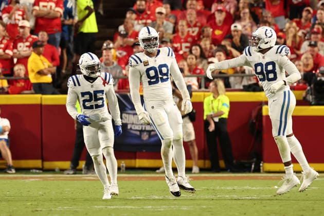 KANSAS CITY, MO - SEPTEMBER 20: DeForest Buckner 99 of the Indianapolis Colts celebrates a sack late in the second quarter of an NFL, American Football Herren, USA game between the Indianapolis Colts and Kansas City Chiefs on Sep 20, 2026 at Arrowhead Stadium in Kansas City, MO. (Photo by Scott Winters Icon Sportswire) NFL: SEP 20 Colts at Chiefs EDITORIAL USE ONLY Icon2609200873